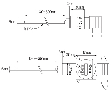 TR20一體化溫度變送器 滑動(dòng)式探桿尺寸圖 維連電子